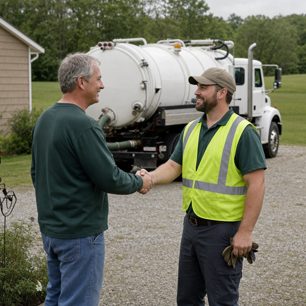 A septic technician shaking a Lee's Summit homeowner's hand beside the service truck after a completed pump-out