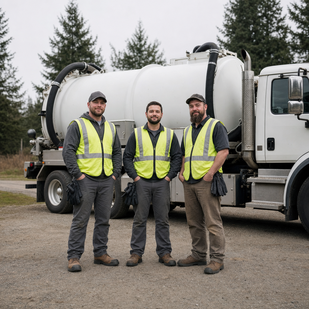 The Lee's Summit septic pumping crew standing together beside their clean white vacuum truck on a residential street