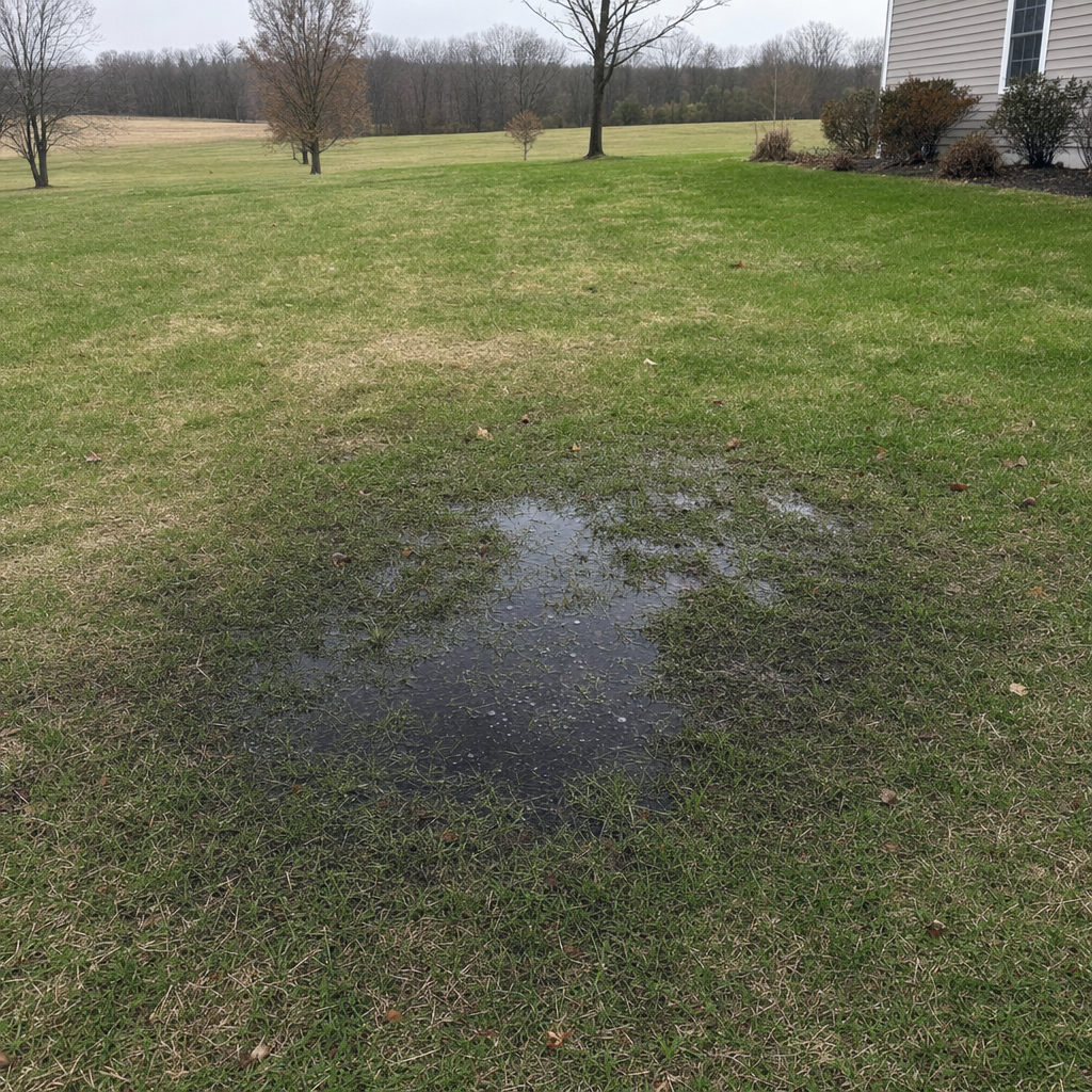 A dark, saturated wet spot in a Lee's Summit backyard lawn marking a failing cesspool at capacity