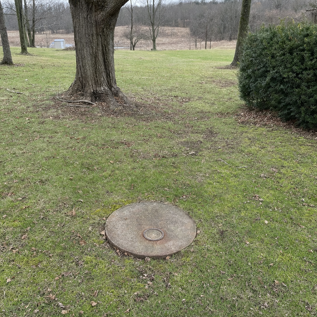 An older round cesspool access lid set flush in an established, mature Lee's Summit backyard lawn