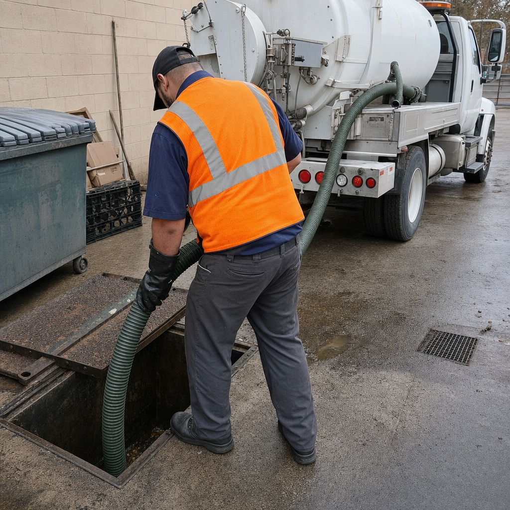 Technician pumping a grease trap behind a Lee's Summit restaurant