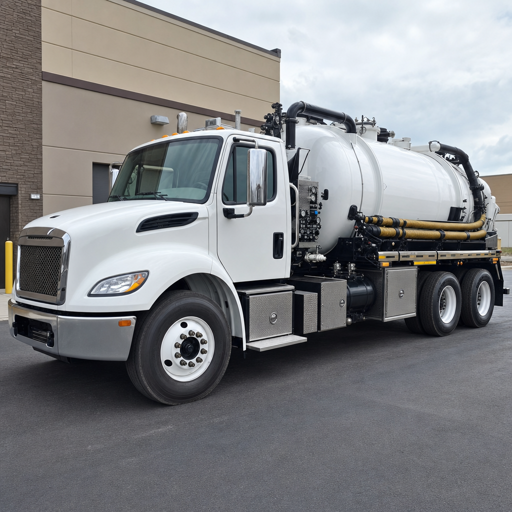 Commercial septic vacuum truck parked in a Lee's Summit business parking lot