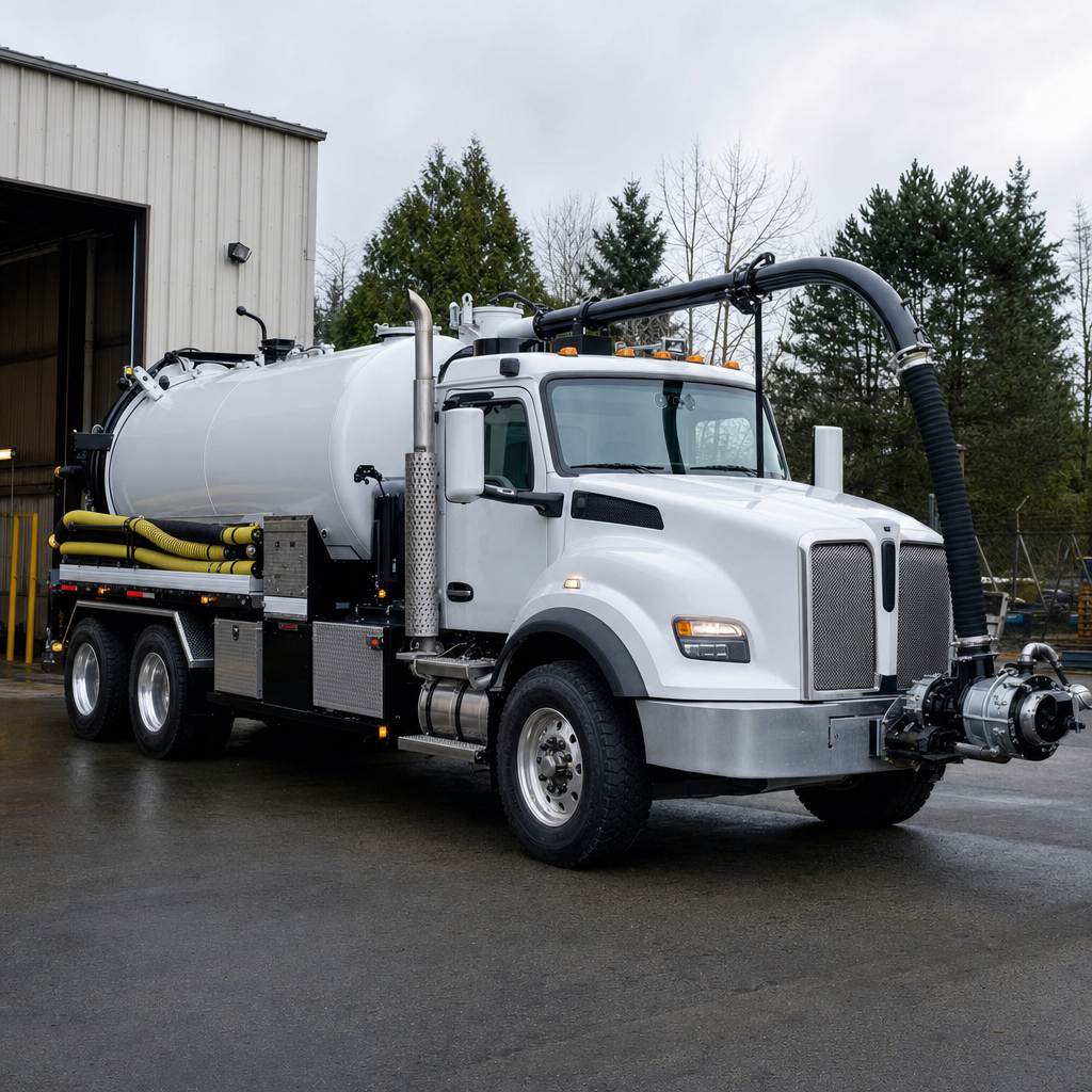 A clean white septic vacuum truck rolling out of a tidy Lee's Summit service depot at the start of the day