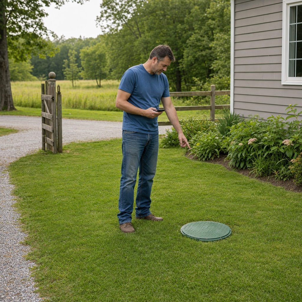 A Lee's Summit-area homeowner standing in the backyard noting where the septic tank lid and access route are located