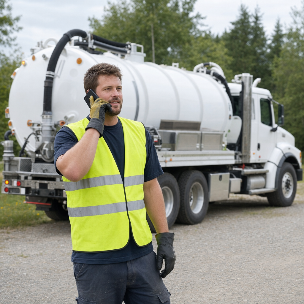 A friendly septic dispatcher holding a phone, ready to answer a Lee's Summit homeowner's call about a pump-out