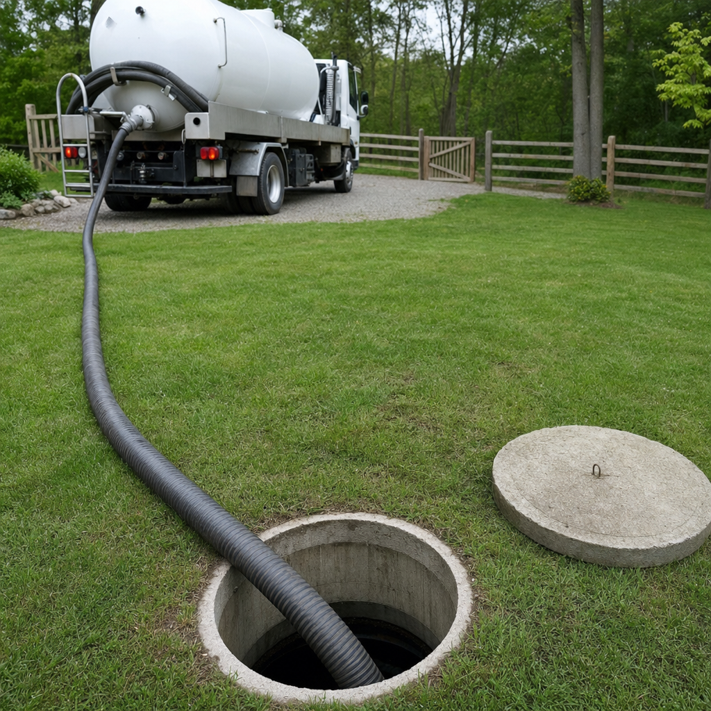 Suction hose connected to an open septic tank, drawing it down in a tidy Lee's Summit yard
