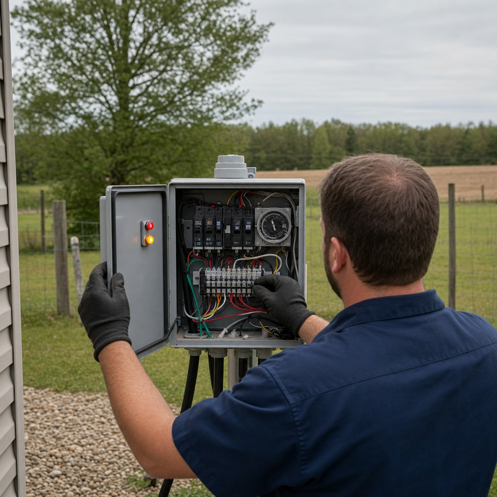 Technician checking an aerobic septic control box with a lit red high-water alarm during a same-day Lee's Summit visit