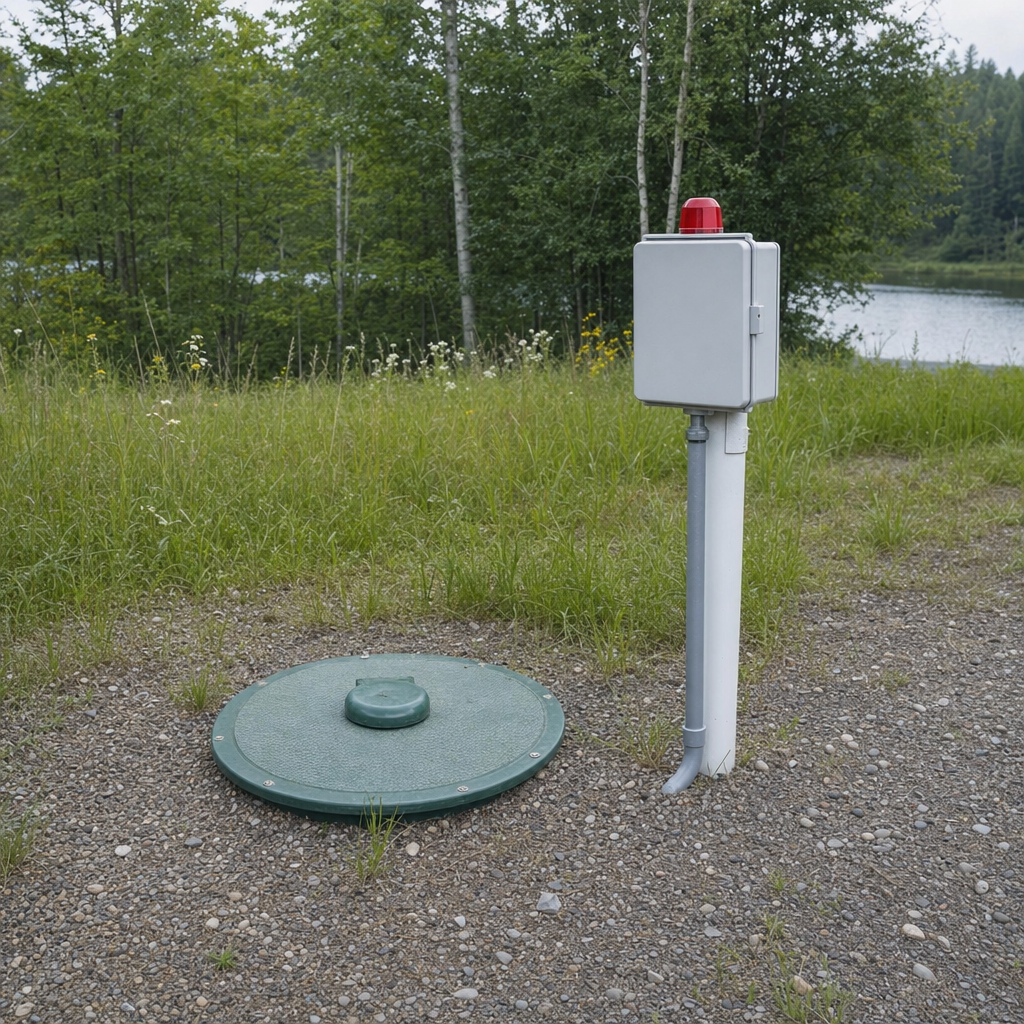 A wastewater holding tank access lid set in the ground at a rural Lee's Summit-area cabin, with a mounted high-level float alarm panel nearby