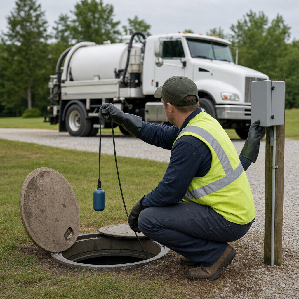 A septic technician in a high-visibility vest checking a high-level float switch and alarm panel on a holding tank at a rural Lee's Summit-area site