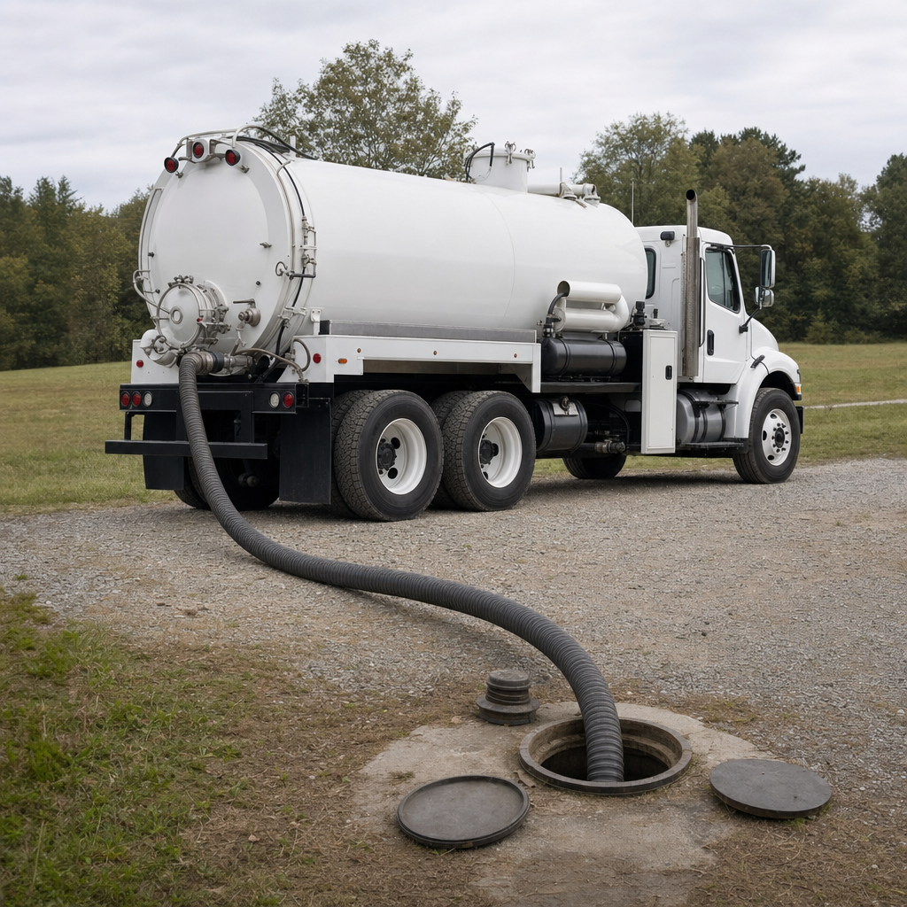 An unmarked white vacuum truck emptying a wastewater holding tank on a scheduled visit at a rural Lee's Summit-area property, thick suction hose running to the tank lid