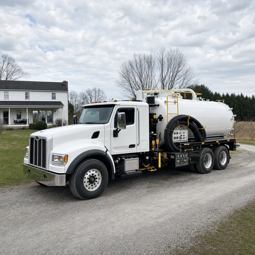 A clean white septic vacuum truck parked on a tidy Lee's Summit driveway with the suction hose neatly coiled