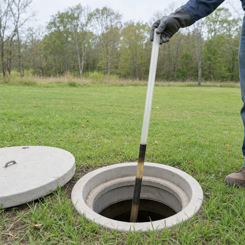 A septic sludge-judge measuring stick lowered into an open Lee's Summit septic tank to read the depth of the sludge and scum layers before deciding whether a pump-out is due