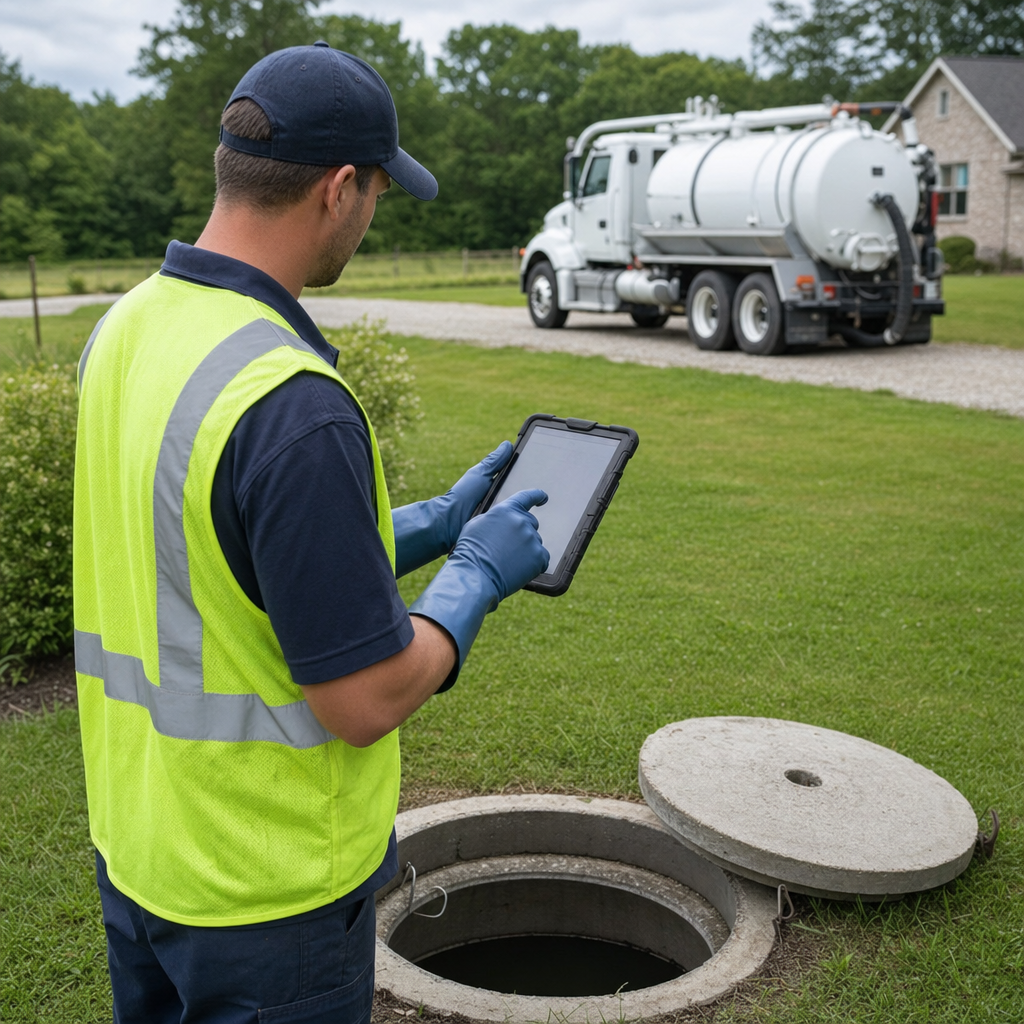 A septic technician recording a Lee's Summit home's pump-out date and tank condition on a tablet beside an open access lid, tracking the service history that sets the next due date