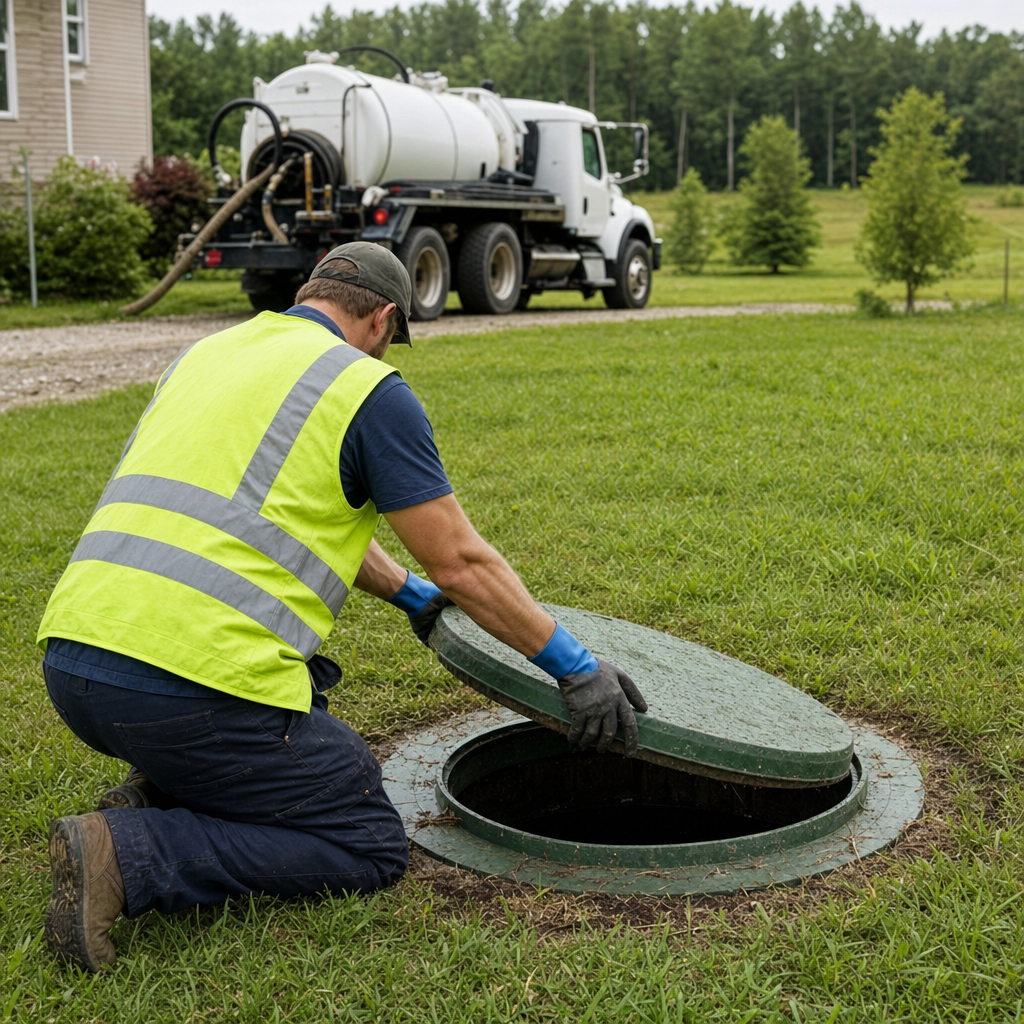 Septic technician kneeling on a Lee's Summit lawn, lifting the access lid on a residential septic tank