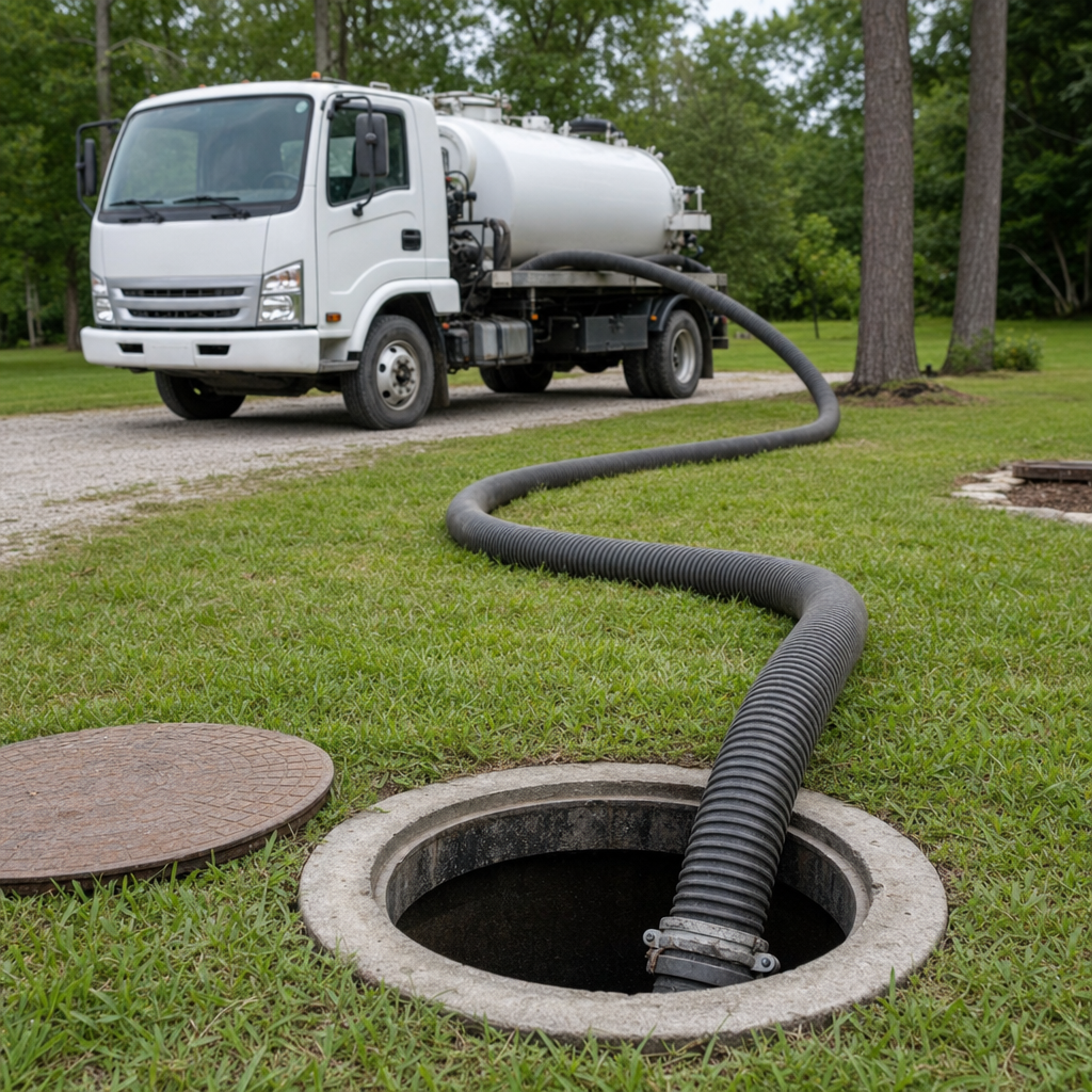 Thick ribbed suction hose lowered into a clean open septic tank port on a tidy Lee's Summit backyard lawn