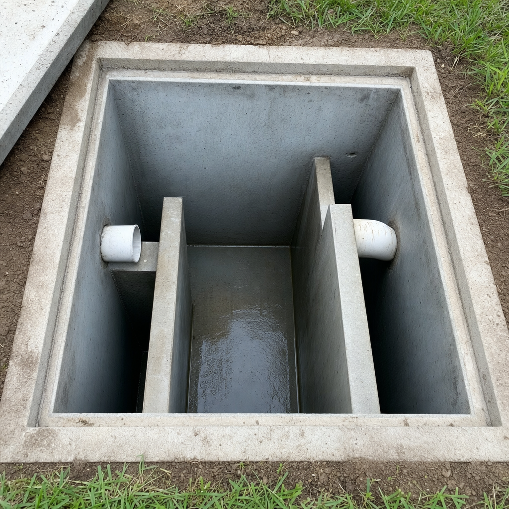 Inspection of the concrete baffles inside an open, emptied and freshly cleaned Lee's Summit septic tank