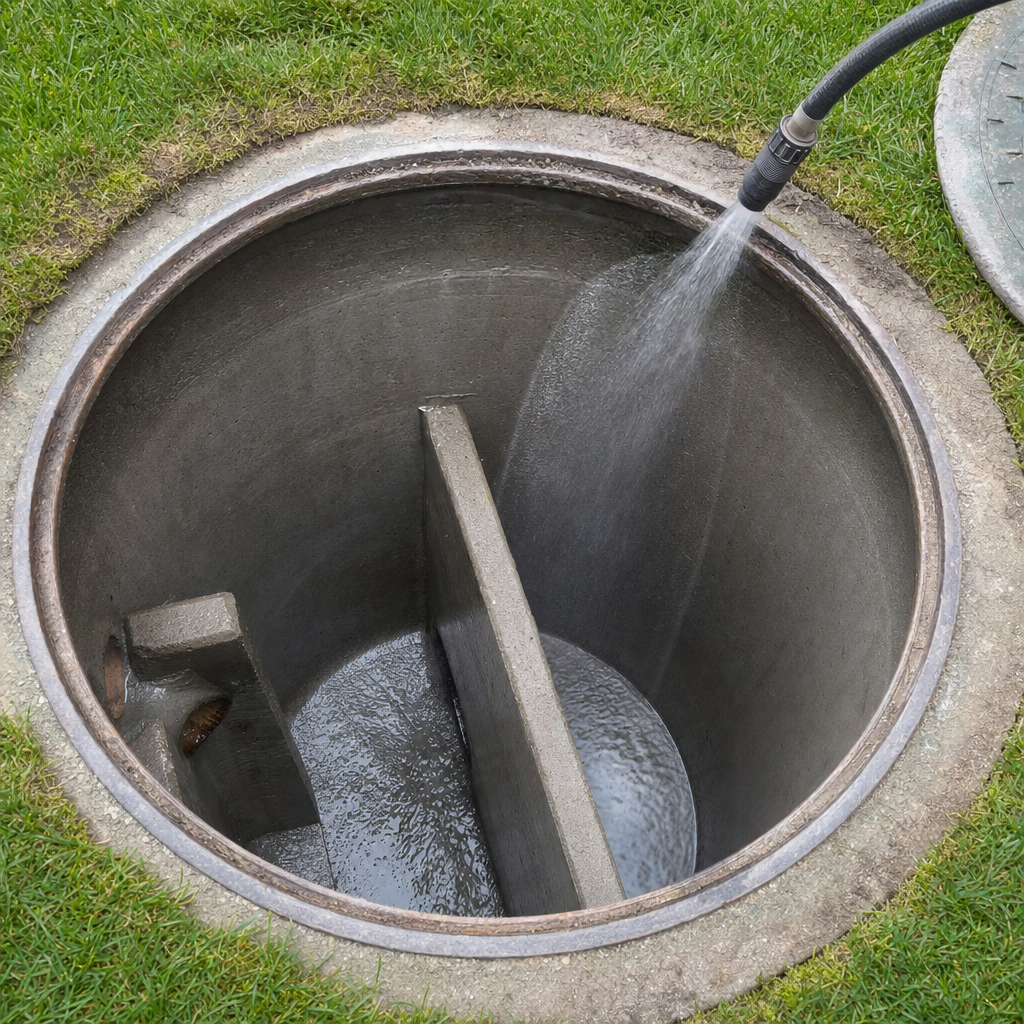 Interior concrete walls of an emptied Lee's Summit septic tank being rinsed clean with the truck's onboard water hose