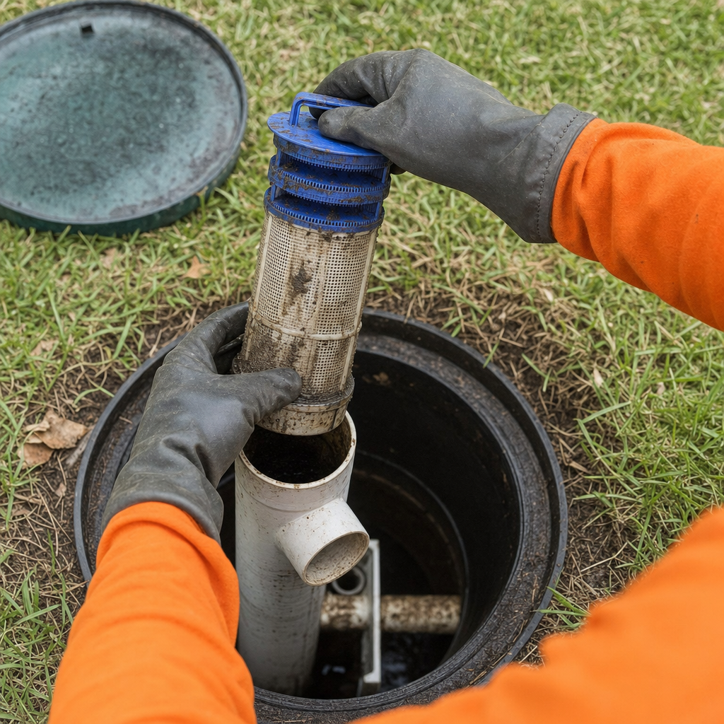 Septic technician's gloved hands lifting the effluent filter cartridge out of the outlet housing on a Lee's Summit septic tank