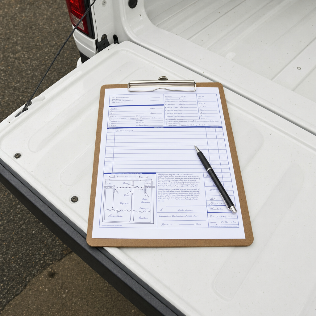 A written septic pump-out invoice and pen laid flat on the tailgate of a service truck, itemizing the quoted price