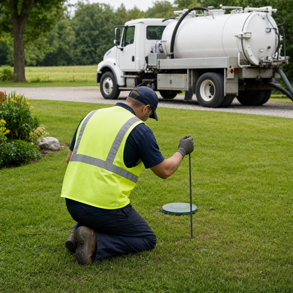 Septic technician kneeling on a Lee's Summit lawn, probing to locate and measure the depth of a buried septic tank lid before pumping
