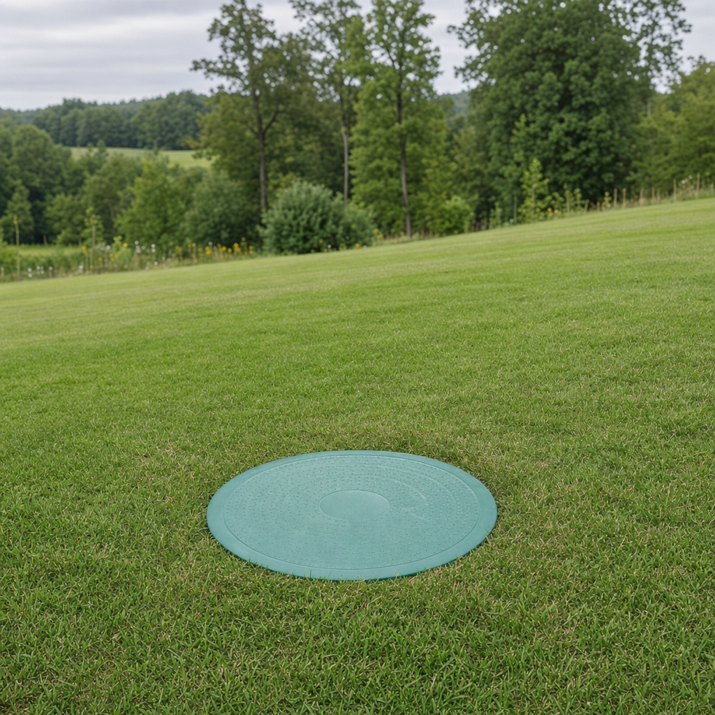 A newly installed septic riser bringing the tank lid up flush to grade in a Lee's Summit yard for easy future access