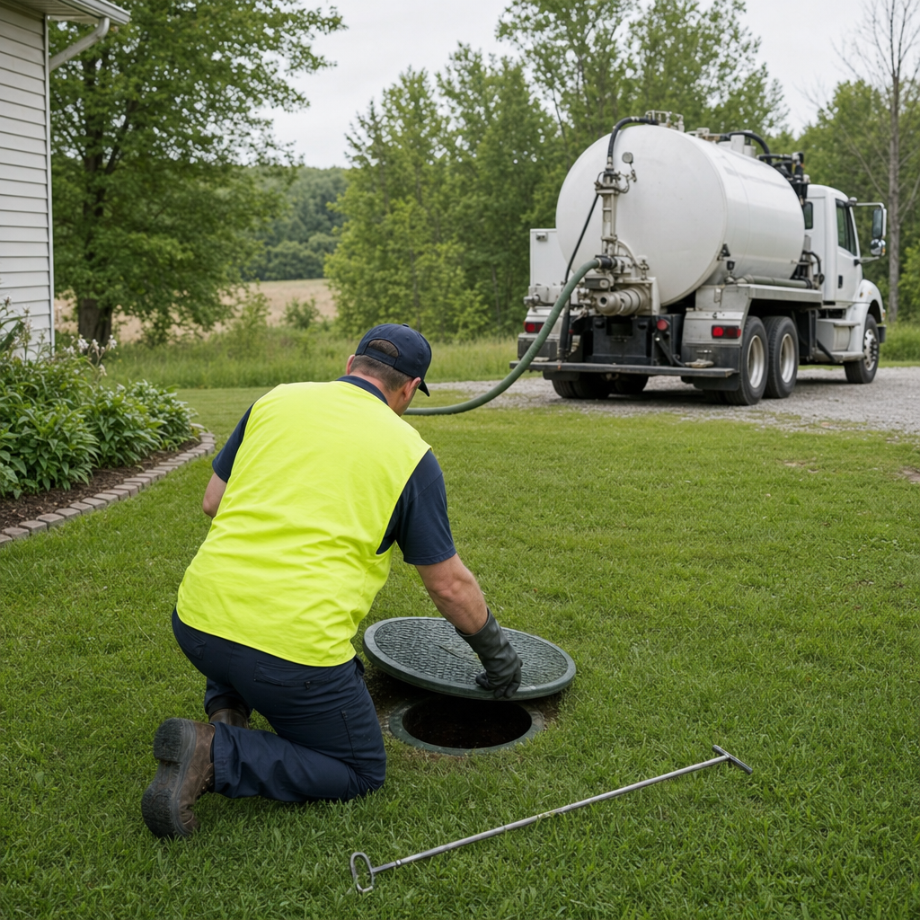 Septic technician kneeling on a Lee's Summit lawn, lifting the buried access lid on a residential septic tank