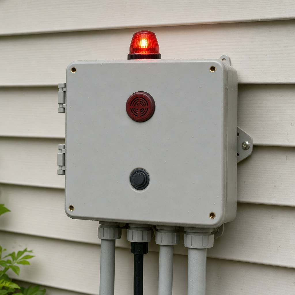 An aerobic septic system control panel mounted outside a Lee's Summit home with its red high-water alarm light lit