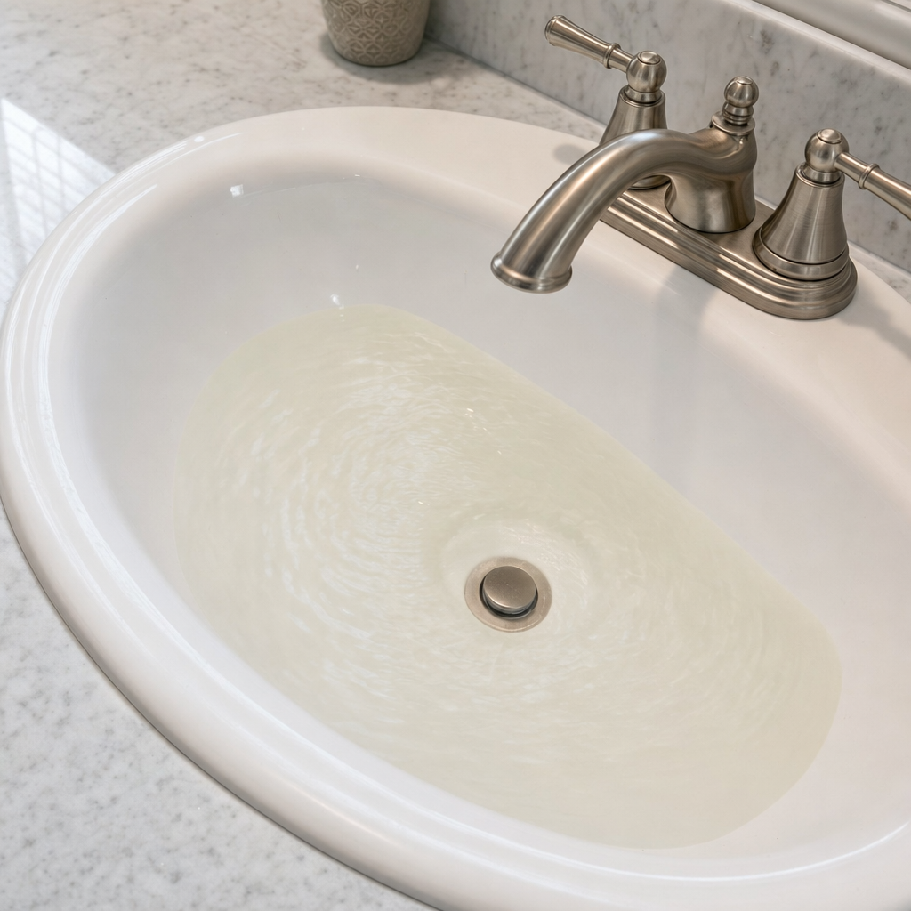 A bathroom sink draining slowly with water pooled in the basin, an early warning sign that a Lee's Summit septic tank is full